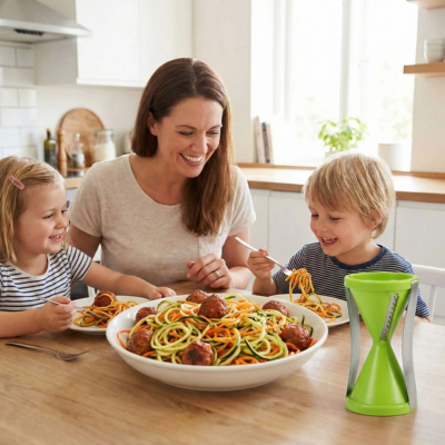 Coupe legume en spirale à côté un plat de spirales de carotte et de courgette sautées et une famille 