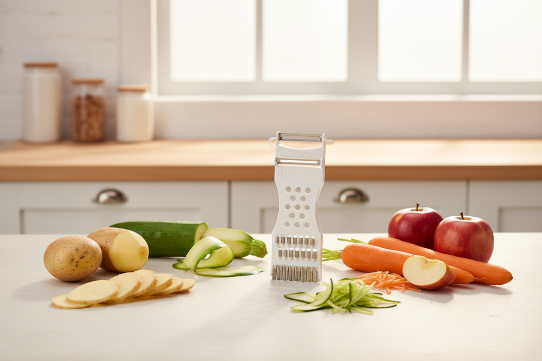 Économe multifonction 5 en 1 entouré de légumes frais sur un plan de travail de cuisine moderne — Essentiel du Chef