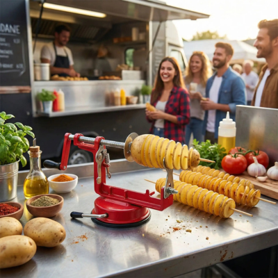 Coupe frite spirale et une  caravane de vente de frites