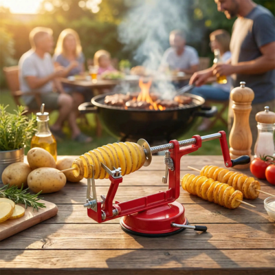 Coupe frite spirale utilisé lors d’un barbecue dans un jardin
