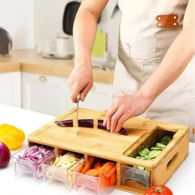 Planche à dàcouper bambou avec tiroirs de rangement intégré