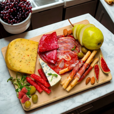 Planche-a-decouper-bois-et-un-plateau-service