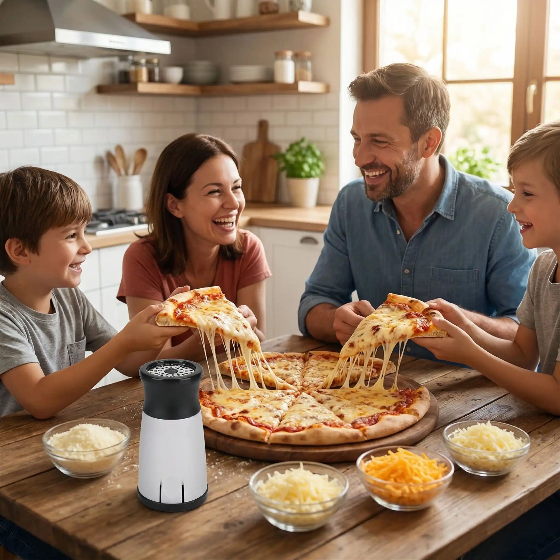 Râpe à fromage avec une famille heureuse  est réunie, en train de manger une pizza au fromage