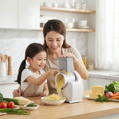Une maman avec sa fille et une râpe à fromage électrique