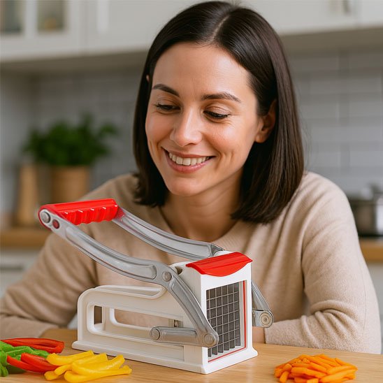 Vue d’ensemble du coupe-frite avec poignée ergonomique